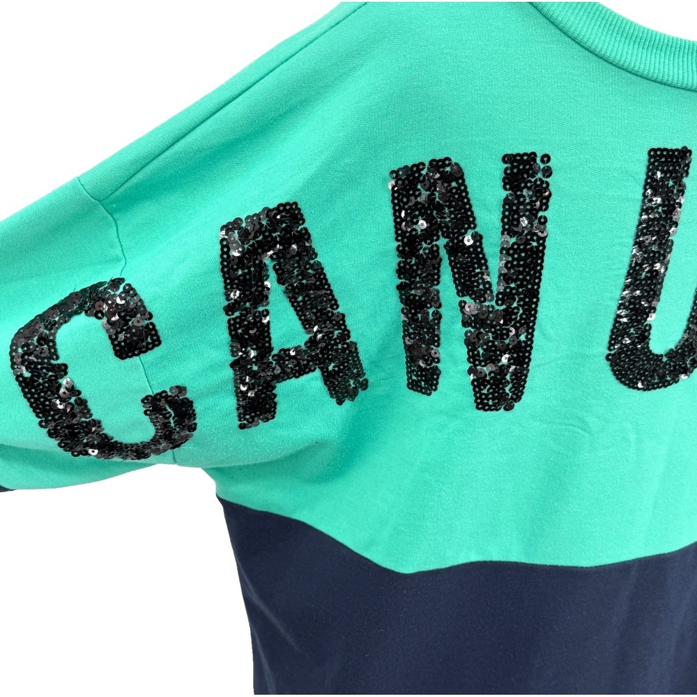 Rue 21 Womens Sweatshirt XL Green Blue Can You Not Sequins Spellout Colorblock - Picture 4 of 8